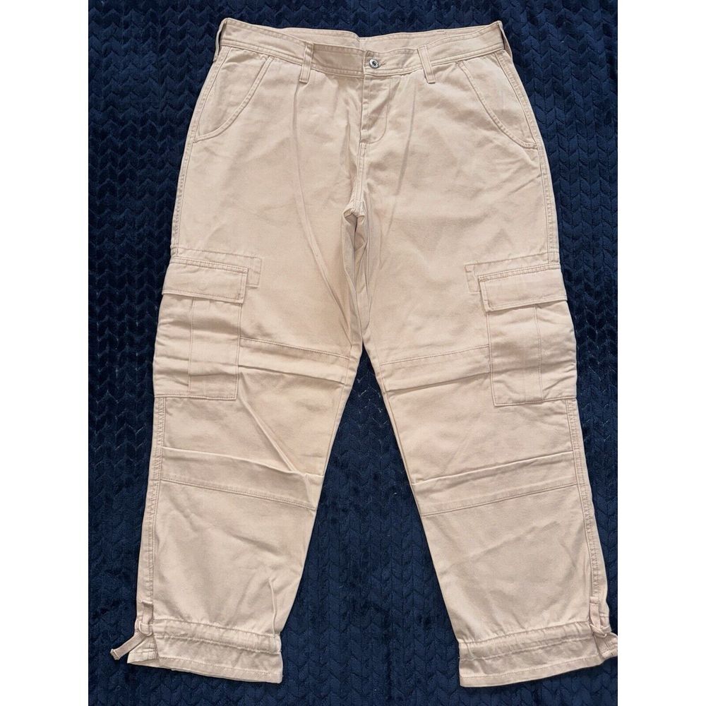 Sundance Woman's Cargo Pants Straight Crop Tan Casual Chino Pockets Sz 14 Petite